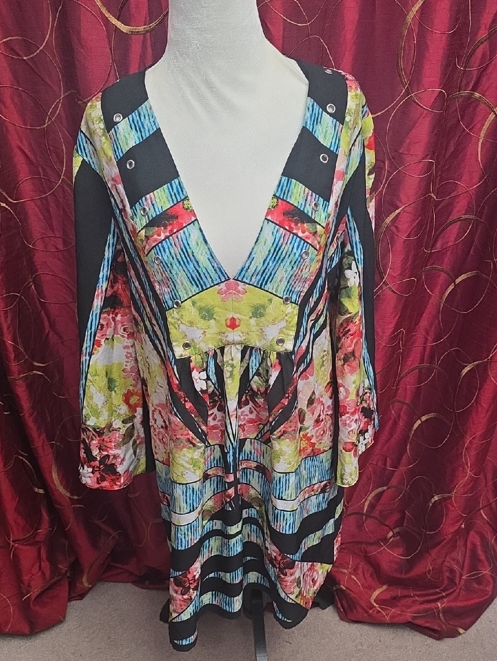 Ivanka Trump Black Multicolor Floral & Stripe V-Neck Tunic Dress